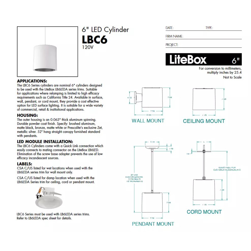 PRESCOLITE LiteBox 6" LED Cylinder LBC6 120V Surface Mount Hanging