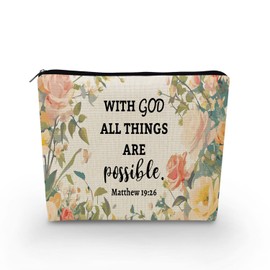 YULUENZE Bible Quote Makeup Bag Floral Canvas Organizer Zipper Pouch Matthew 19:26 With God All Things Are Possible Cosmetic Bag Baptism Birthday Present for Christians Women Friends