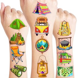 60 PCS Camping Camp Camper Campfire Pre-Cut Temporary Tattoos for Kids | Super Cute Themed Birthday Party Favors, Supplies, Decorations, Fake Tattoo Stickers, School Rewards Prizes & Gifts Boys Girls