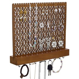 FINGERINSPIRE Wood Wall-Mounted Jewelry Hanging Racks Saddle Brown Wall Mounted Jewelry Holder with Hanger Hooks Wooden Wall Hanging Jewelry Organizer for Earrings Bracelets Necklaces Organizer Holder