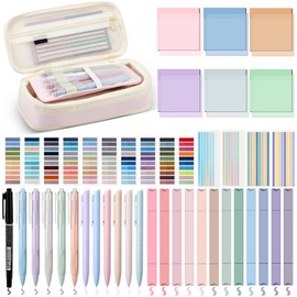 Trandraft 45 Pcs Book Annotation Kit Large Pencil Case, 300 Transparent Sticky Notes, 2640 Sticky Tabs, 11 Ink Pen, Highlighter, Marker, Aesthetic School Supplies Bible Book Gift (Pink)