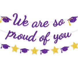 We Are So Proud Of You Banner Graduation Party Decorations Glitter Congratulations Class Grad Ideas Purple Gold