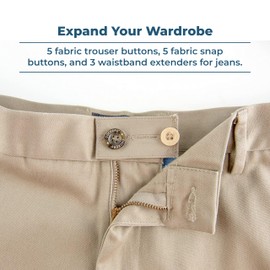 Comfy Clothiers 13 Pant Waist Extenders - 3 Types of Adjustable Expanders - 5 Fabric Pants Button Extenders, 5 Fabric Hook and Bar, 3 Denim Jeans Expander - Elastic Waistband Button for Women and Men