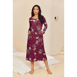 Ekouaer Long Sleeve Nightgowns for Women Long Sleepshirts Button Night Gowns Full Length Sleepwear with PocketsFloral RedS