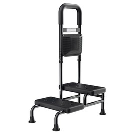 Step Stool with Handle for Adults- Step Stools for Seniors with Adjustable Handrail, Non-Skid Platform, Elderly, Foot Stool, Bed Steps for High Beds for Adults (2 Step Stool)