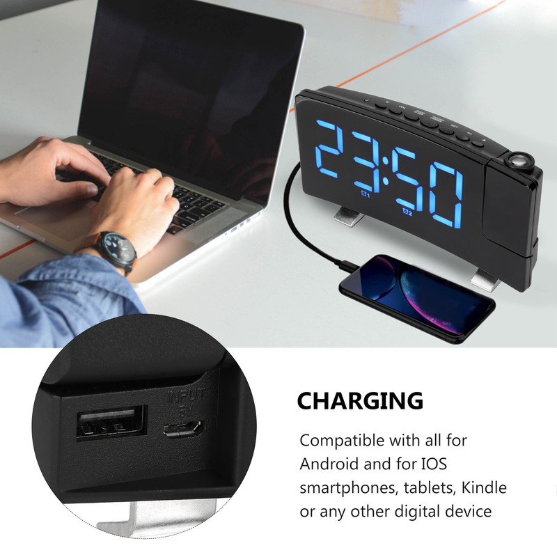 Digital Alarm Clock 180° Projection On Ceiling Wall USB Powered