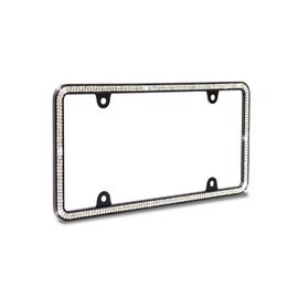 JR2 Brilliant Sparkling Crystals Black Metal License Plate Frame+Free Cap+Free Screw (Black Frame+White Crystal)