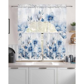 Tier and Swag Window Curtain Set,Summer Watercolor Blue Flowers Kitchen Valance Tier Curtains 3 Pieces Set,Summer Natural Plants Rod Pocket Valances Window Treatment for Living Room Bedroom
