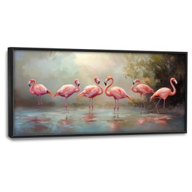 Flamingo Wall Art for Living Room, Large Pink Birds Canvas Wall Decor, Animal Lake Pictures Framed Painting, Modern Artwork for Bathroom Bedroom 60L'' × 30W''