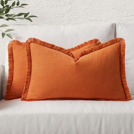 MIULEE Boho Farmhouse Pillow Covers Lumbar Decorative Neutral Linen Throw Pillow Covers Set of 2 Orange Cushion Covers with Fringe for Couch Sofa Bed Living Room Home Decor 12x20 Inch