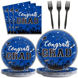 gisgfim 24 Guest Graduation Party Plates Napkins Supplies Blue Congrats Grad Tableware Set Class of 2025 Disposable Paper Plates Napkins Forks for Grad Party Decorations