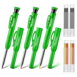 Hiboom 3 Pack Carpenter Pencils Set with 24 Refills, 2.8 mm Mechanical Carpenter Pencil Built in Sharpener Woodworking Marking Tool Solid Long Nosed Deep Hole Construction Pencil (Green)
