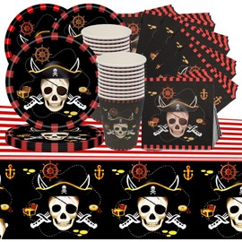 Doyomtoy The Pirate Skull Party Tableware Set, Serve 16 Guests Pirate Captain Birthday Party Tableware, Tablecloths, Plates, Cups, Napkins for Party Supplies Birthday