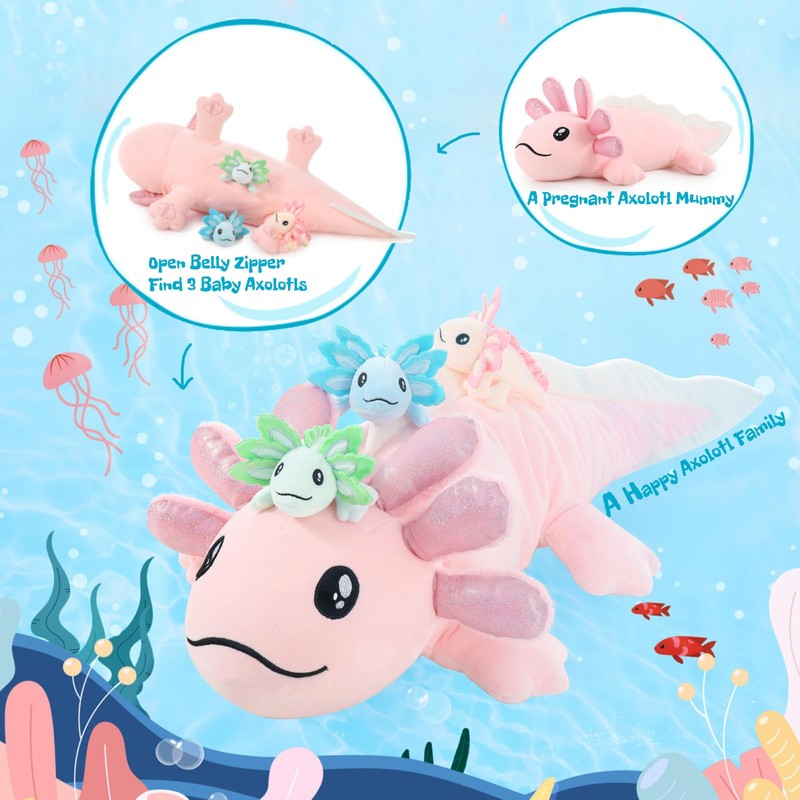 MaoGoLan Giant Axolotl Plush with 3 Babies Inside, 33" Axolotl