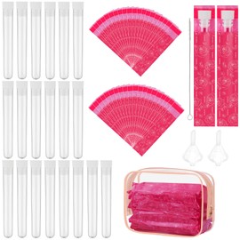 64 Pcs Tampon Flasks Set Includes 20 Reusable Plastic Flasks, 40 Self Adhesive Wrappers, 2 Funnels, Clear Storage Bag, Straw Scrubber, Tube Flasks for Cruise Event, Concert, Outdoor Sports (Rose red)