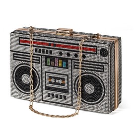 Renabro Women Retro Radio Shape Crossbody Bag Rhinestone Metal Vintage Evening Clutch Purses(silver radio)