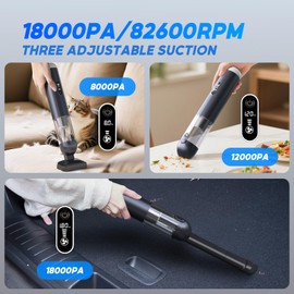 Car Vacuum Cleaner, Portable Cordless Handheld Vacuum with 18,000PA Suction, 3 Power Modes, Metal Body & LCD Display & LED Light, Mini Vacuum for Car, Home, Office, and Pet Cleaning