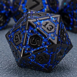 DND Metal Dice Set with Cracks, Polyhedral Dice for RPG D&D Dungeons and Dragons RPG TTRPG D and D 7-Die with Gift Case (Black Nickel Sapphire Blue)