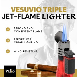 Palió Vesuvio Triple Jet Flame Torch Lighter, Apex Flame for Precision Lighting and Touch-Ups, Extra-Large Translucent Fuel Tank, Red (Pack of 2)