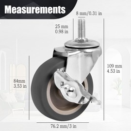 BAISASY 3 Inch Caster Wheels, Threaded Stem Casters Set of 4, Heavy Duty Wheel with Brake, Metric Size M8-1.25-25 (Screw Diameter 8mm, Screw Length 25mm) Casters for Wire Shelving, Furniture Dolly