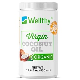 Wellthy Aceite de Coco Extra Virgen 930ml Certificado Orgánico. Libre de Químicos, Raw, Vegan, Gluten Free, USDA Organic, Primer Prensado en Frío, No requiere refrigeración, Resiste Altas Temperaturas.