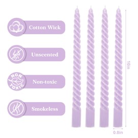 Whaline 8Pcs 10 Inch Light Purple Spiral Taper Candles Dripless Twisted Wax Candles Long Unscented Candle Sticks for Home Party Dining Table Supplies