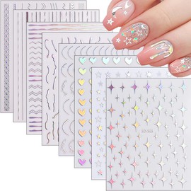 12 Sheets Laser Heart Star Nail Art Stickers 3D Self Adhesive Aurora French Line Nail Stickers Glitter Designs Holographic Nail Art Supplies Silver Nails Decals for Women Manicure Tips Decorations