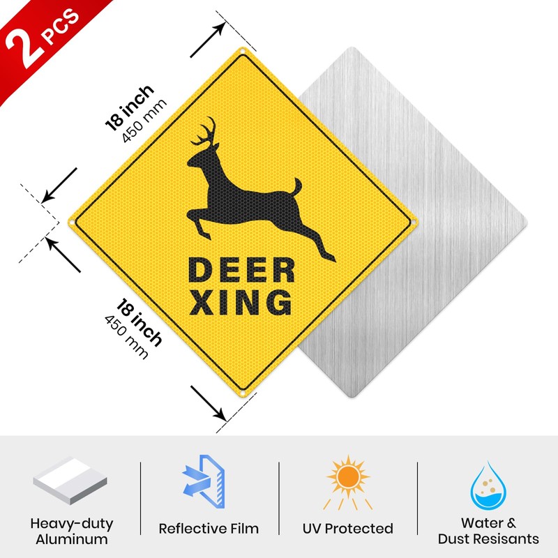 2 Pack Deer Xing Crossing Signs 18" x 18" Reflective