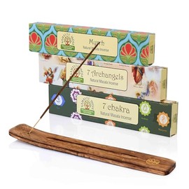 NKlaus Incense Stick Set - 7 Chakra, 7 Archangels & Myrrh (Namaste India) + Wooden Holder | Spiritual Natural Incense for Meditation & Balance