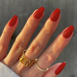 KXAMELIE Red Medium Square Press-on Nails, 24 PCS, Ballerina Shaped, Glossy Finish, Full Well Tips, Reusable