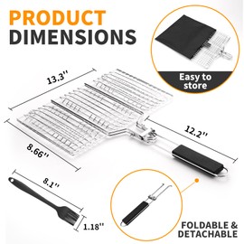 BBQ Fish Grill Basket for Outdoor Grill, Stainless Steel Vegetable Grilling Basket with Detachable and Foldable Handle Includes basting Brush (Shallow Basket)