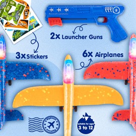 Bigdream 6 Pack LED Airplane Launcher Toys with 2 Launchers, 2 Flight Mode Glider Catapult Plane with Stickers, Flying Outdoor Toys for 3 4 5 6 7 8 9 10 11 12 Year Old Kids Boys Girls Birthday Gifts