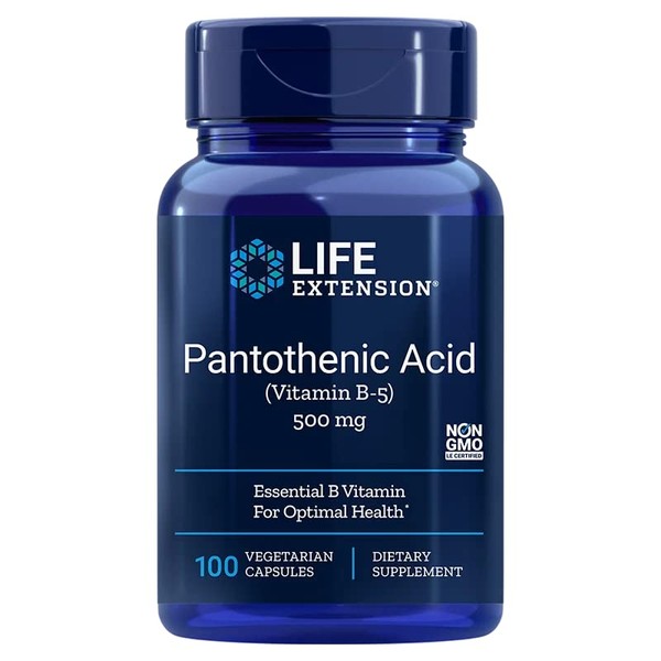 Life Extension Pantothenic Acid (Pantothenic Acid), 500 mg Vitamin B5, High Dosage, 100 Vegan Capsules, Laboratory Tested, Gluten Free, Vegetarian, Soy Free, No GMO Engineering