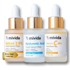 mivida Trío De Sérums Antiedad  Sérums Faciales Con 20 De Vitamina C  Ácido Hialurónico  2,5 De Retinol  Set De Cuidado Facial Iluminador E...        