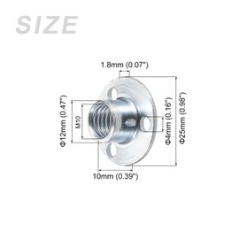 METALLIXITY 10pcs 3 Hole T Nuts (M10x25x1.8mm) Carbon Steel Round Base Threaded T-Nut Flange Nut for Furniture Mounting, Silver Tone