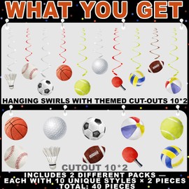 40 Pack Sports Hanging Decorations – Sports Birthday Decorations for Boys, All-Star Party Supplies and Ball Game Themed Party Decor