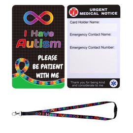 Paquete de 2 tarjetas de alerta para autismo, tarjeta de contacto de emergencia para autismo con cordón para autismo, impermeable, bolsillo de PVC