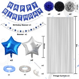 Navy Blue Silver Birthday Decorations, Birthday Decorations for Mens with Silver Navy Blue Confetti Birthday Balloons Happy Birthday Banner Silver Fringe Curtain Tissue Paper Pompoms Star Garland