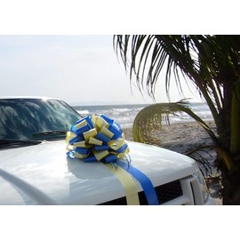 Fully Assembled Large Car Bow, 16" Wide - Royal Blue & Yellow, Front Door Decoration, Spring, Gift Bow, Birthday, Anniversary, Classroom, Office, School Dance Tailgate, Fundraiser, Christmas, Easter