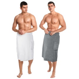 Tudomro 2 Pcs Men's Bath Wrap Towel Shower Wrap Towel Adjustable Terry Body Spa Towels with Pocket After Shower Wrap for Men Gift Shower Spa College Bath Dorm Room Gym(X-Large,Grey, White)