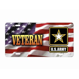 Military Veteran or Retired Front Plate, American Flag Design, Military Decorative Vanity Car Tag 12 x 6 inches (Army Veteran)