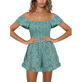 Jeanewpole1 Women Shirred Smocked Tube Top Short Wide Leg Pants Romper Jumpsuit Green