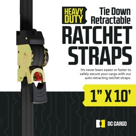 DC Cargo Mall Auto Retractable Ratchet Straps (2-Pack) 1” x 10ft, Heavy Duty, 1,209lb Break Strength – Tie Down Straps for Cargo, Truck, Trailer, Motorcycle, Boat