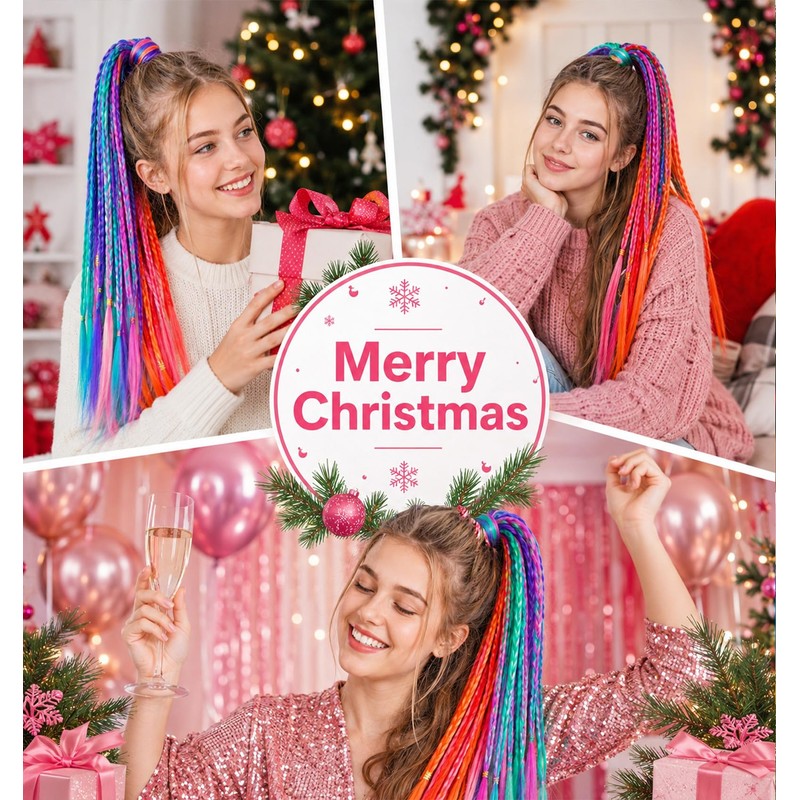 6PCS Colored Hair Extensions for Kids, Gradient Rainbow Braid Ponytail