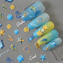 Gold Seashell Starfish Nail Stickers Summer Blue Whale Hippocampus Nail Art Stickers 5D Embossed Self-Adhesive Ocean Theme Nail Decals Cute Marine Life Nail Designs Supplies for Women Girls Nail Art