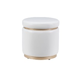 Linon Lexington White Faux Leather Round Storage Ottoman with Wood Accent