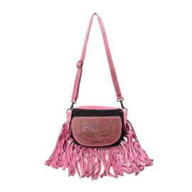 Merbaa Western Fashion Waist Pouch for Women - Pink Genuine Cowhide Tooled Leather Highland Cow Fenny Bag with Suede Fringes Cowgirl Fenny Bag