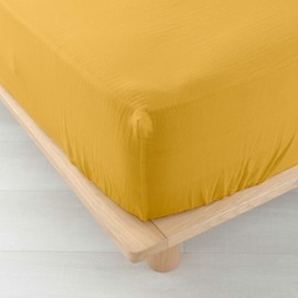 douceur d'intérieur, Fitted Sheet (160 x 200 cm) Angelia Yellow, Cotton Gauze