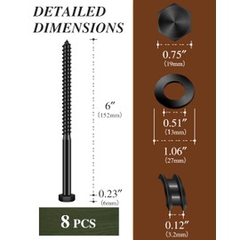 Nailnest (1Box) 3/8" x 6" Hex Head Lag Screws Bolts with Flat Washers, 8Sets Black 304 Stainless Steel 18-8 Heavy Duty 3/8 Lag Bolts for Wood with Hex Socket