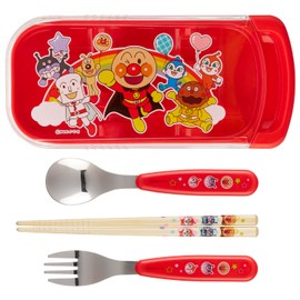 LEC Anpanman Antibacterial Slide Set of 3 (Fork Spoon, Bamboo Chopsticks), Red/SIAA Antibacterial, with Space